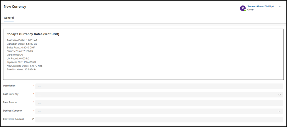 A currency form is created with five custom fields  in Dynamics CRM